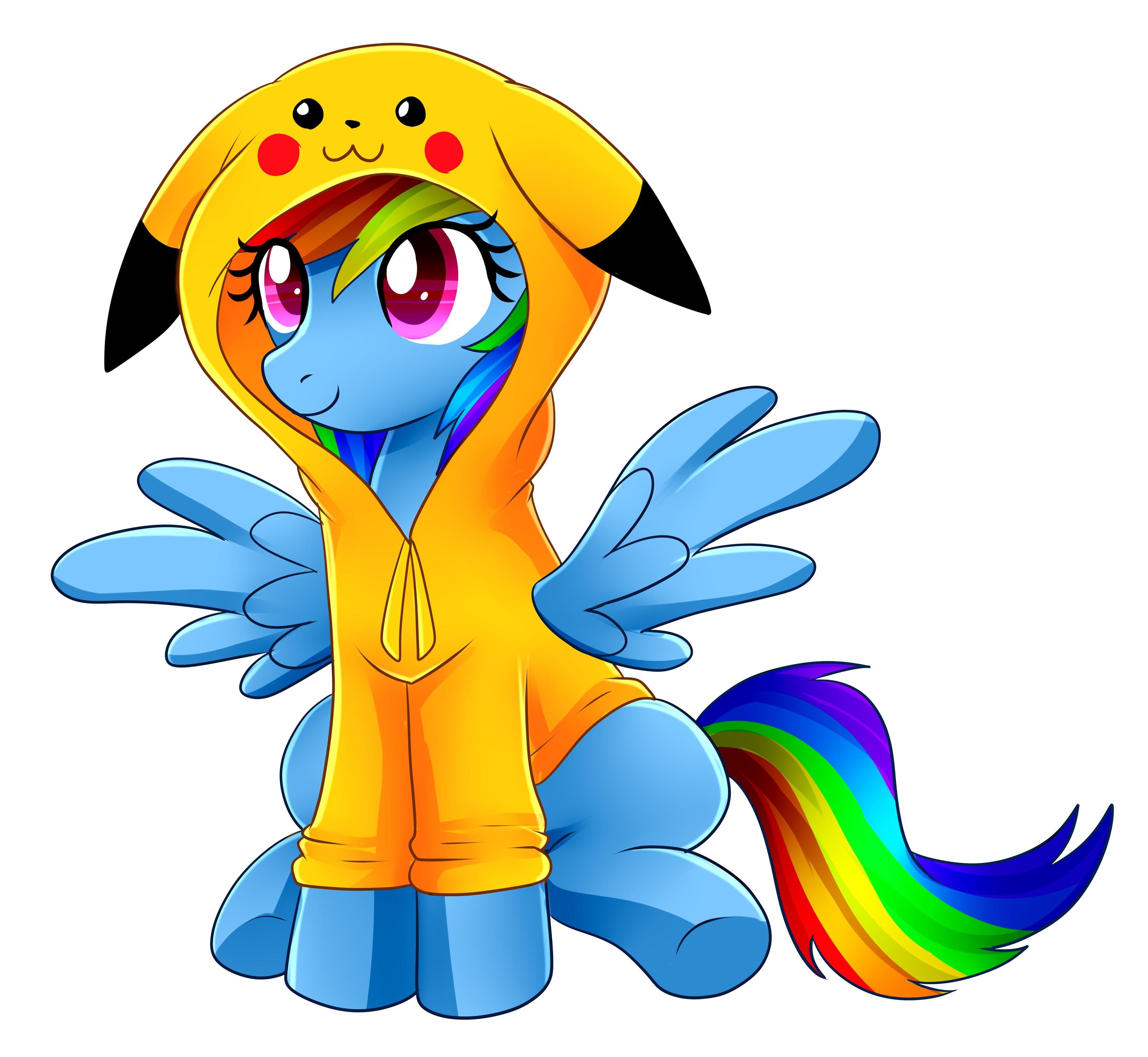 849701__safe_solo_rainbow dash_clothes_smiling_cute_sitting_spread wings_pokémon_hoodie.jpg