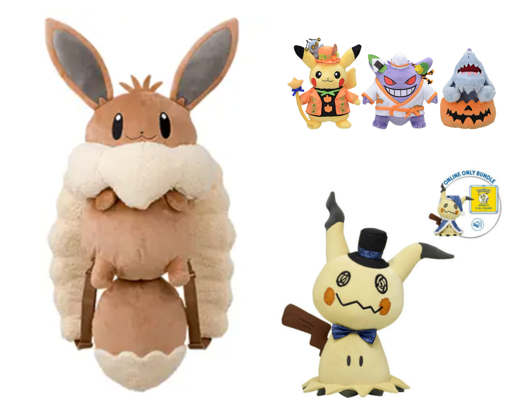 Eevee backpack, Pikachu, Gengar, and Greavard Halloween plushes, and Mimikyu Build-A-Bear plush with top hat and bow tie