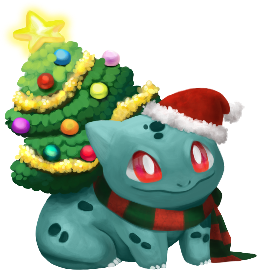 A Bulbasaur with a Christmas Tree for a Bulb, wearing a Santa hat and a red and green scarf.