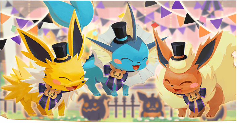 Jolteon, Vaporeon, and Flareon in their Halloween Outfits