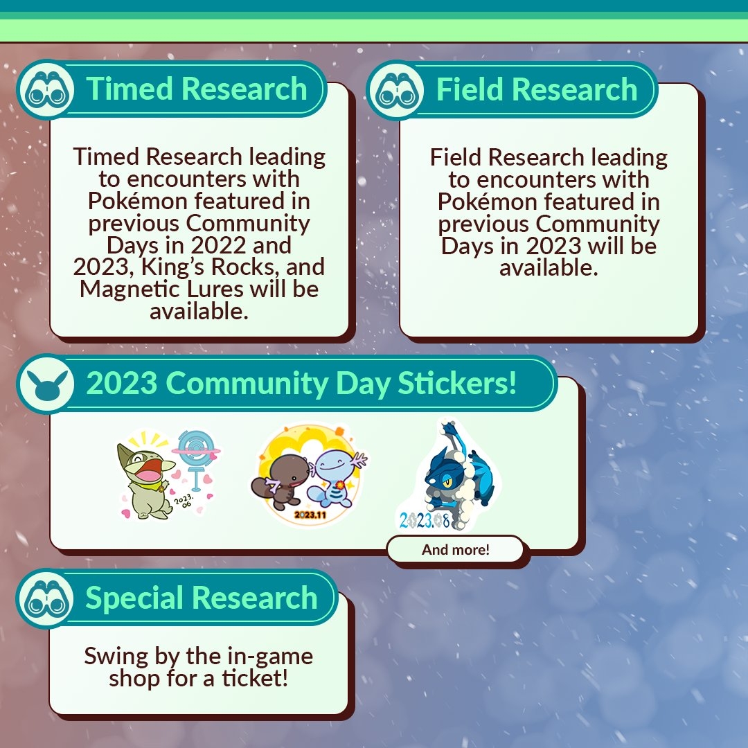 Pokémon GO December Community Day 2023 - Research and Stickers Infographic