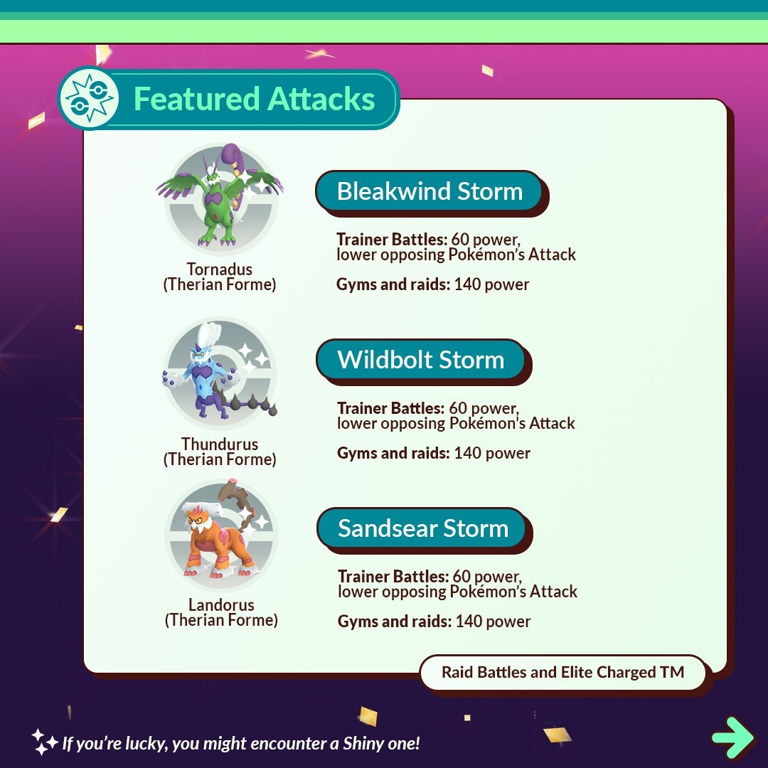 Infographic showing Tornadus, Landorus, and Thundrus in their Therian Formes, with their respective featured charged attacks.
