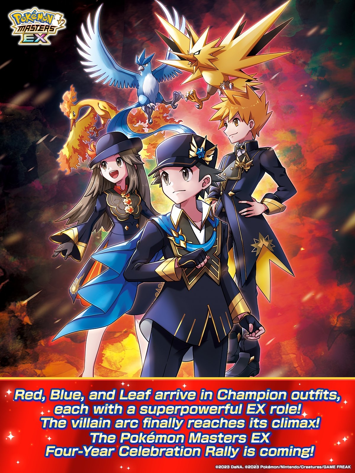 Red, Blue, and Leaf arrive in Champion outfits