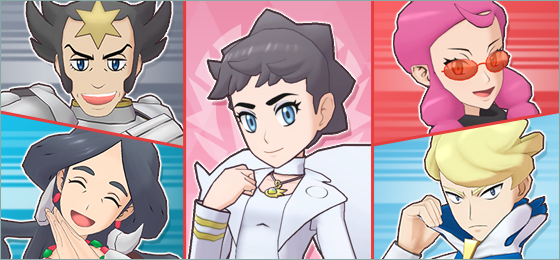 Kalos Elite Four members Malva, Siebold, Wikstrom, and Drasna, as well as Champion Diantha