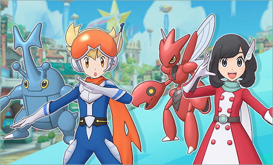 Barry and Selene in their new Special Costumes, with their sync pairs Heracross and Scizor