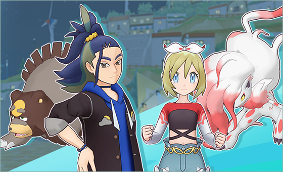 Adaman and Irida in their special costumes, and with their new sync partners Ursaluna and Hisuian Zoroark