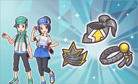 The male and female main characters of Pokémon Masters EX, together with the three Normal-Type Gear items