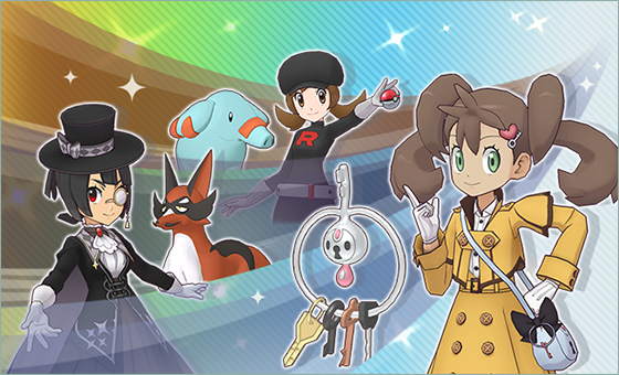 Shauna, Zinnia, and Lyra in the Special Costumes, with Klefki, Thievul, and Phanpy
