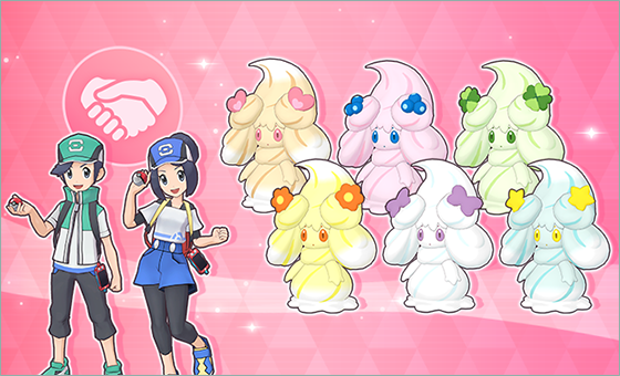 The male and female main characters with the six different varieties of Alcremie