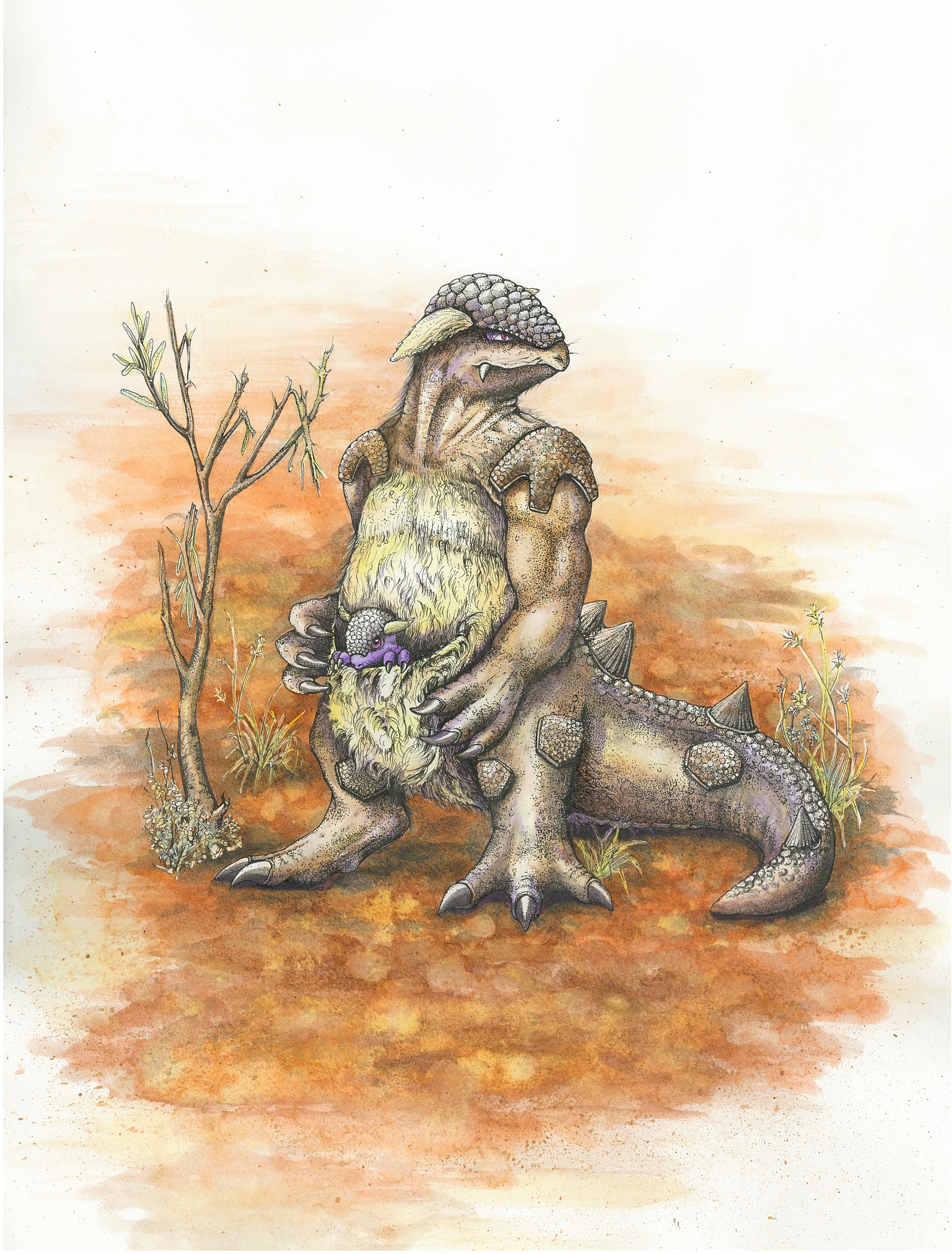 Artist's rendition of adult Gangura kangaskhani with young in pouch