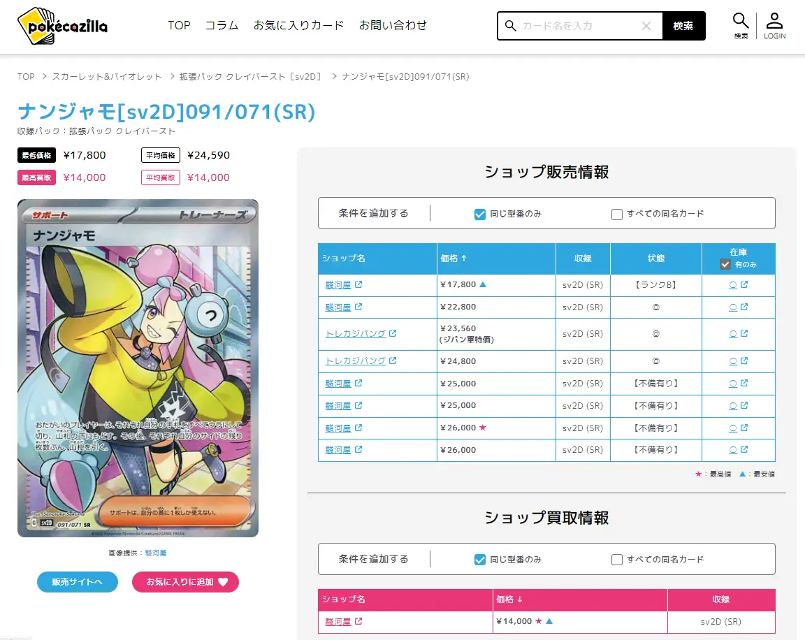 Screenshot of the entry for Iono SV2D 091/071 on the Pokécazilla website
