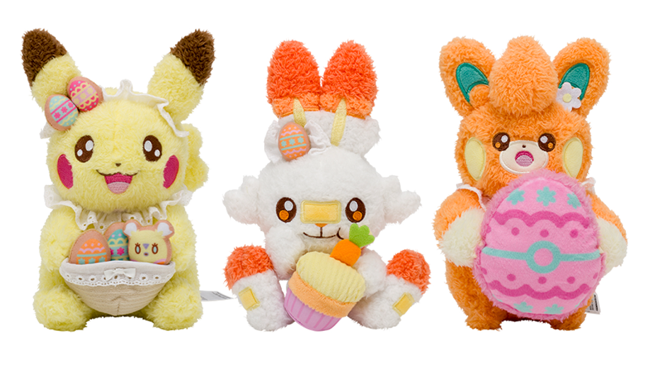 Yum Yum Easter Pikachu, Scorbunny, and Pawmo plushies