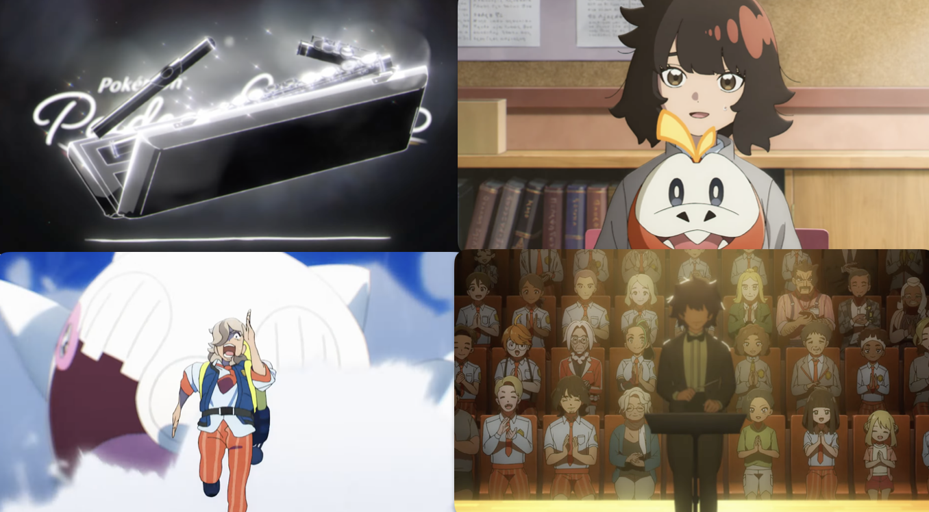A collage of screenshots from the first episode, showing Ohara's flute, Ohara with Fuecoco, Arven running from Cetitan, and Ohara's father as conductor in front of the Academy teachers and students