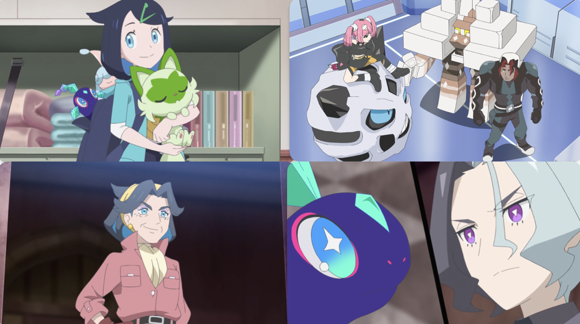 Collage of screenshots from this episode, showing Liko with Sprigatito; Onyx and Sango with their partner Pokémon; Diana; and Amethio looking at Terapagos