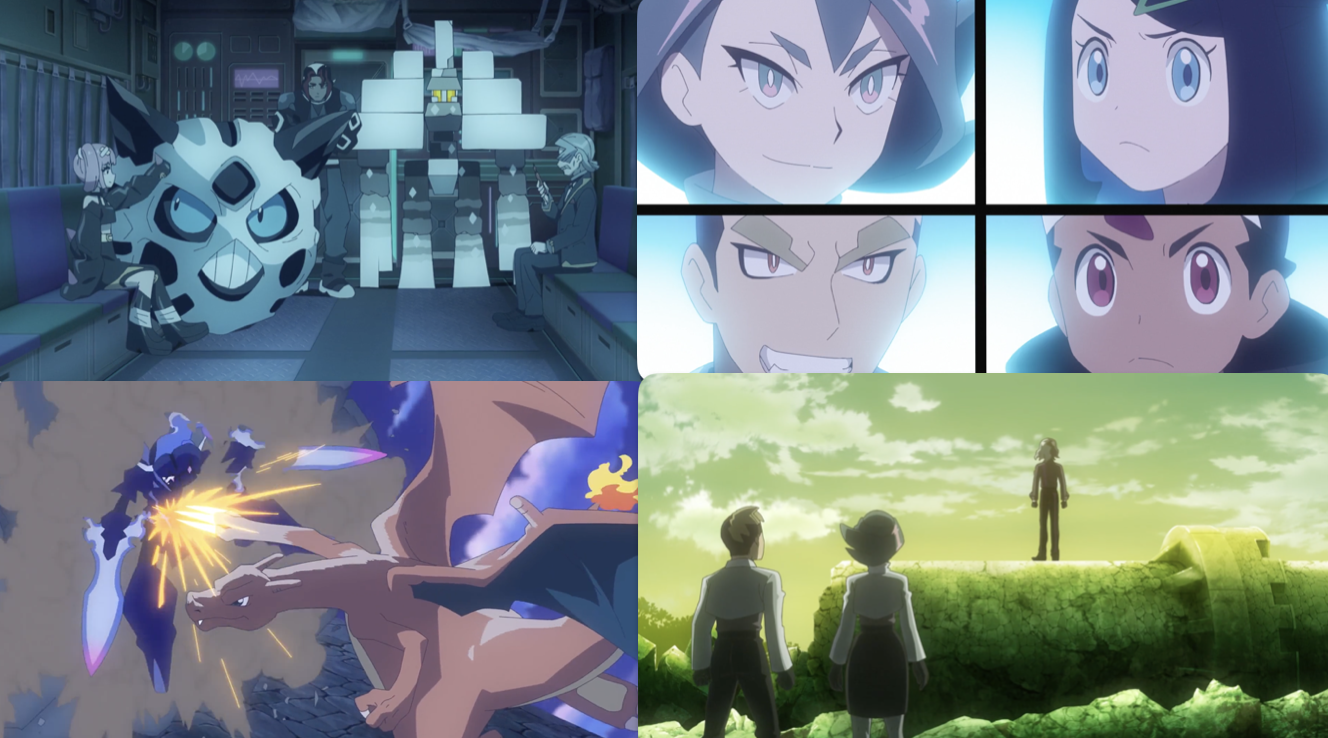 A collage of screenshots, showing the Explorers; Liko and Roy facing off against Zirc and Onia; Charizard battling Ceruledge; and Zirc and Onia looking up as Amethio while he stands on the broken castle tower