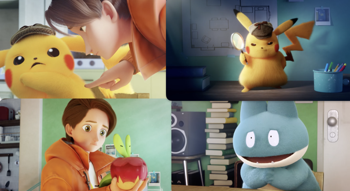 Collage of screenshots from the animated short, showing Tim poking Detective Pikachu; Detective Pikachu posing with a magnifying glass; Tim holding an Applin; and Gonbe