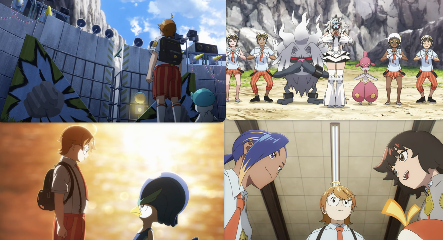 A collage of screenshots showing Hohma at the gates of the Caph Squad's base; Eri, her Pokémon, and the members of Team Star; Hohma and Quaxwell; and the three main characters for this series gathered around to discuss the video project.