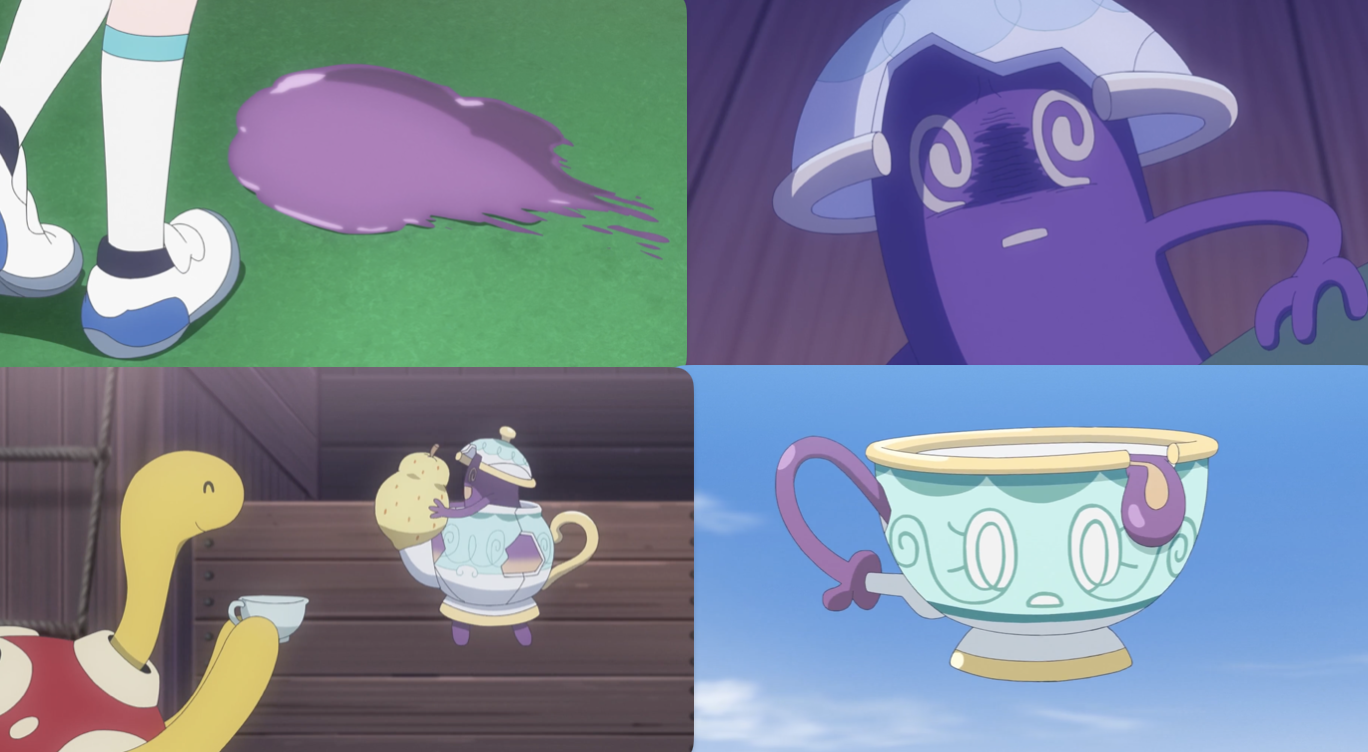 A collage of screenshots from this episode, showing Liko finding the purple liquid; Polteageist reacting in surprise; Shuckle drinking tea while Polteageist eats a berry; and a freshly born Sinistea