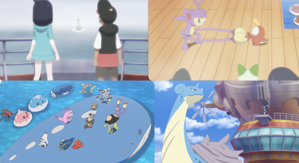 A collage of screenshots from the episode, showing Liko and Roy looking at Lapras in the mist; Fuecoco fighting with Ambipom; Lapras's pirate crew of Pokémon; and Lapras ahead of the Brave Olivine.