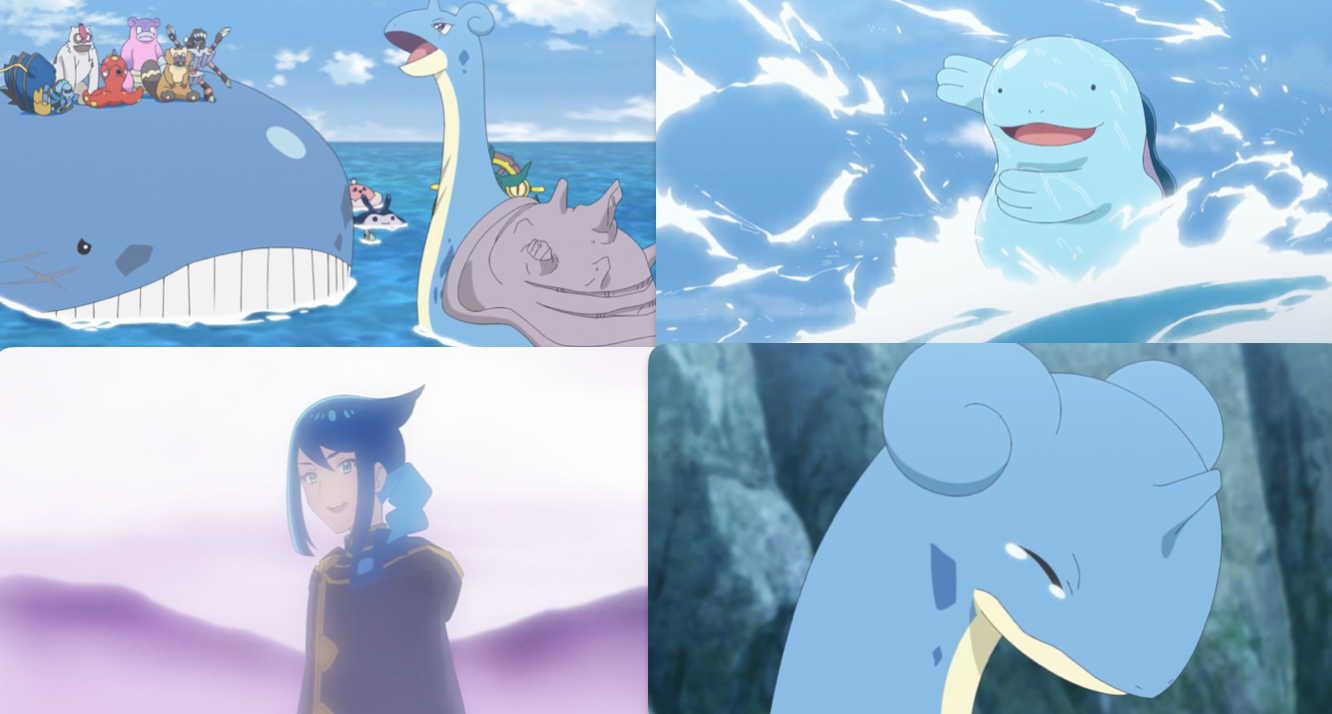 A collage of screenshots from this episode, showing Lucius's Lapras with all its allies; Ludlow's Quagsire using Surf; Lucius; and Lucius's Lapras crying.