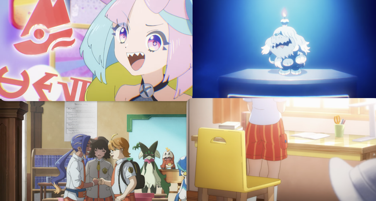 A collage of screenshots from this episode, showing Iono; DJ G-Rave; Ohara, Aliquis, and Hohma, with their partner Pokémon in the background; and a shot from behind of the main character from Pokémon Scarlet