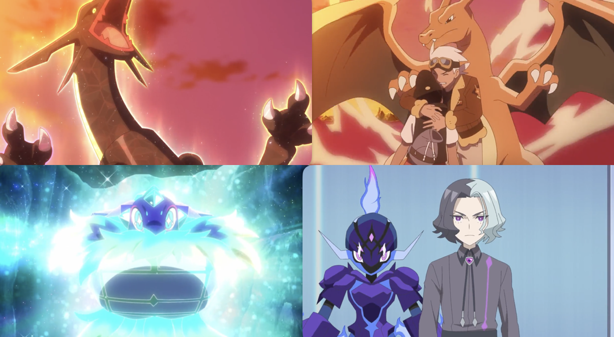 A collage of screenshots from this episode, showing Black Rayquaza; Friede and Charizard hugging Roy; Terapagos Terastalizing; and Amethio with Ceruledge