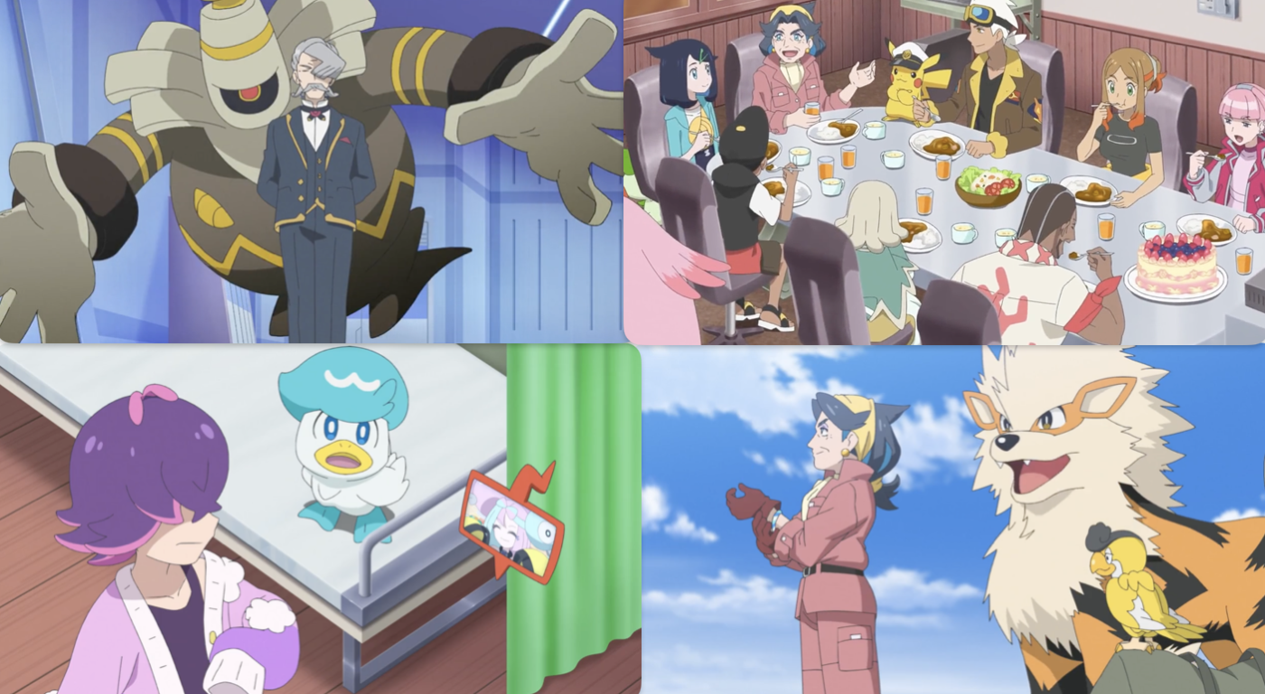 A collage of screenshots from this episode, showing Hamber and Dusclops; the Rising Volt Tacklers sitting around a long table eating a meal; Dot and Quaxly; and Diana with her Pokémon
