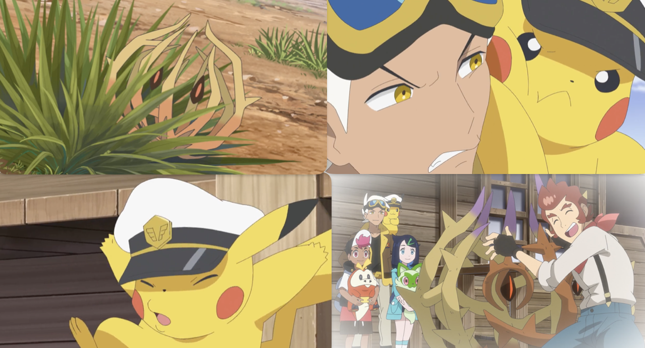A collage of screenshots from this episode, showing Bramblin; Friede and Captain Pikachu; Captain Pikachu taking a hit; and Shine with Bramblin