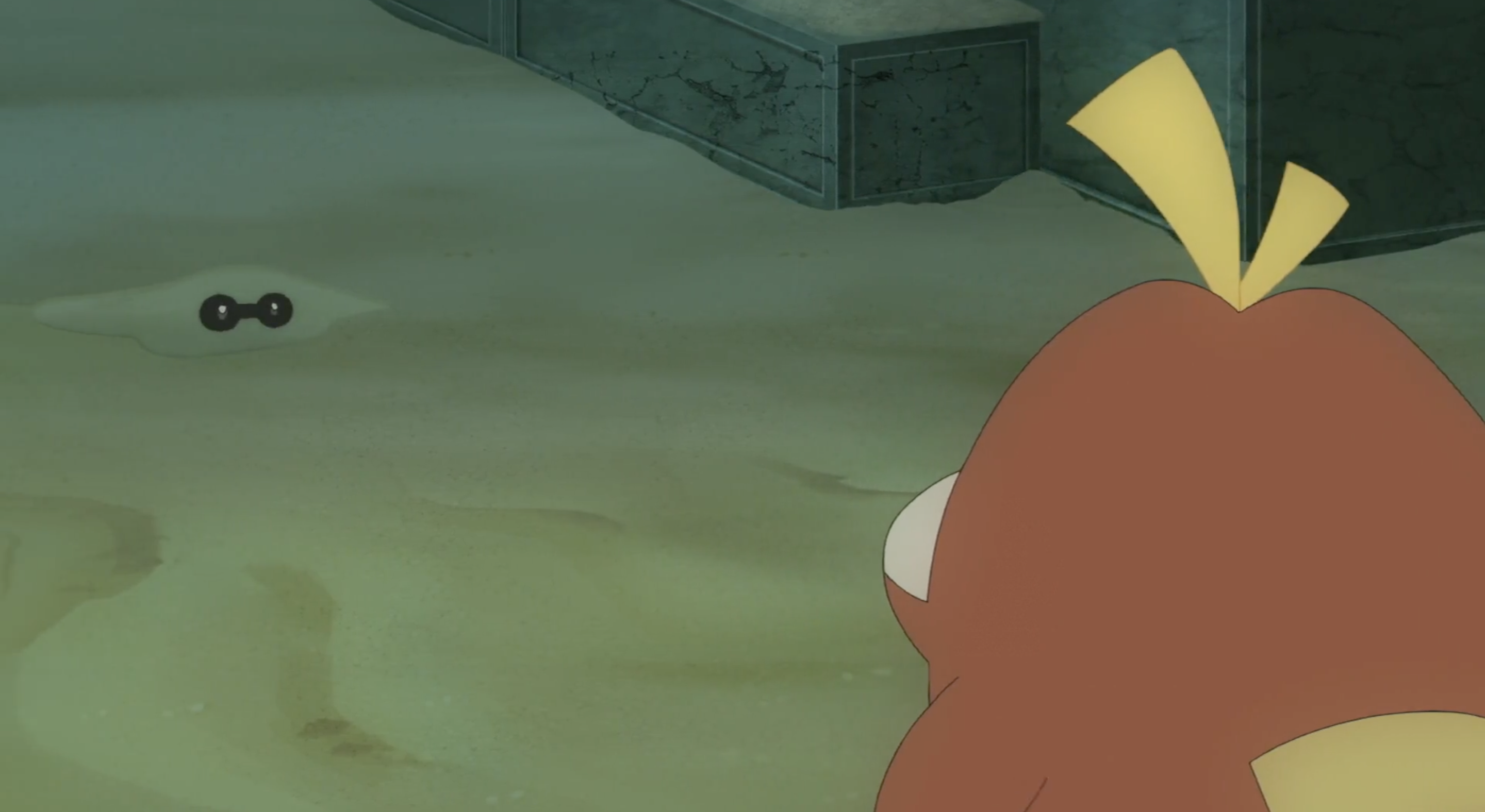 Fuecoco looking a certain Pokémon hiding in the sand
