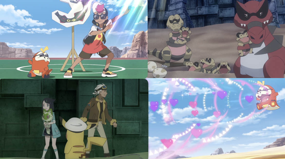 Collage of screenshots from this episode, showing Fuecoco and Roy posing in sunglasses; Krokorok and Krookodile with their Sandile; Liko and her Sprigatito looking around with Friede and Captain Pikachu; and Furcoco using Disarming Voice