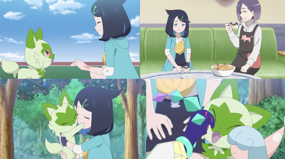 A collage of screenshots from this episode, showing Liko with Sprigatito; Liko and Manya; Liko hugging Sprigatito; and Sprigatito with Terapagos