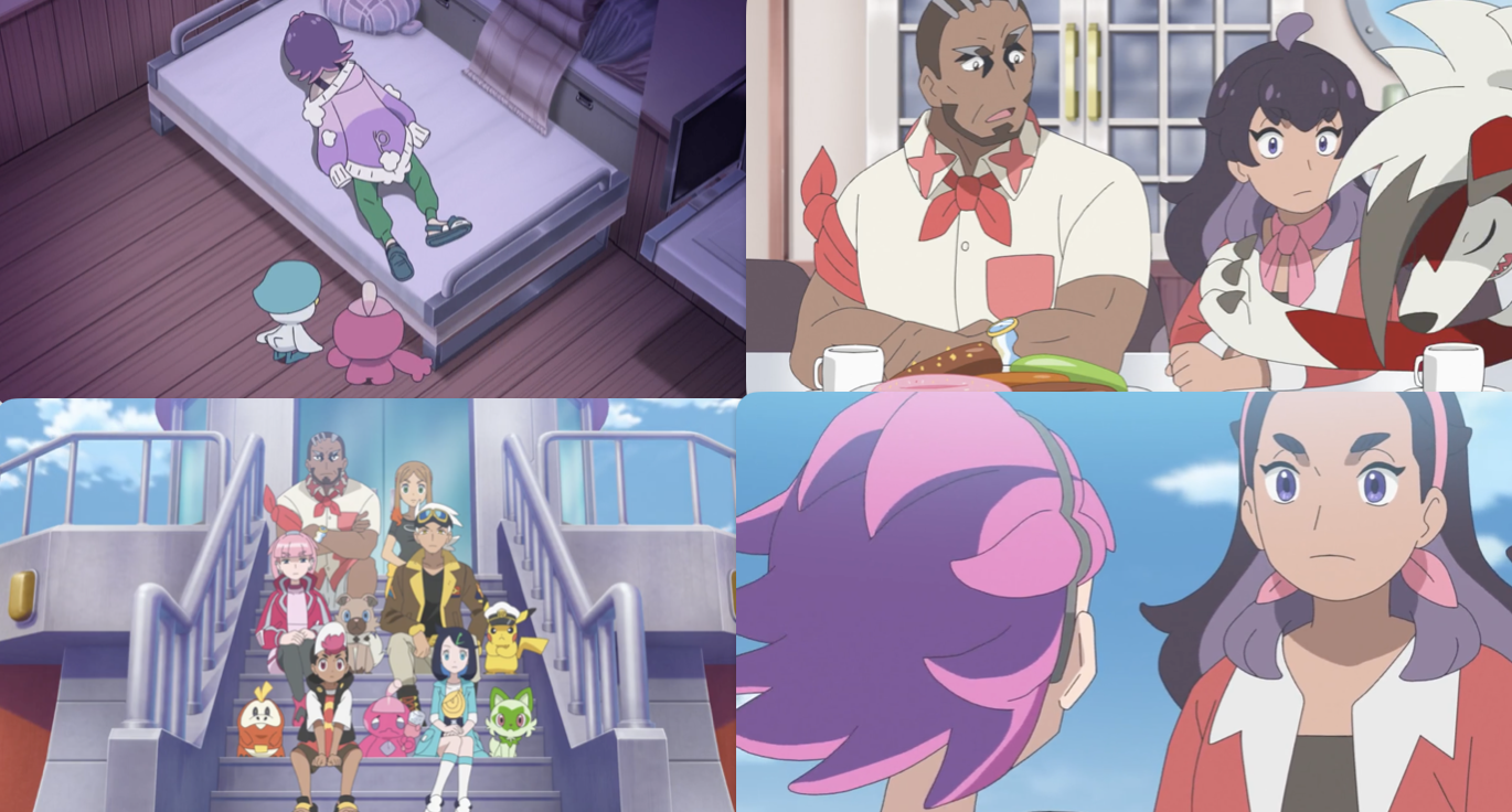 A collage of screenshots from this episode, showing Dot lying face down on bed with her Pokémon; Murdock with Blanca; The Rising Volt Tacklers sitting down for a photo with some of their Pokémon; and Dot with Blanca