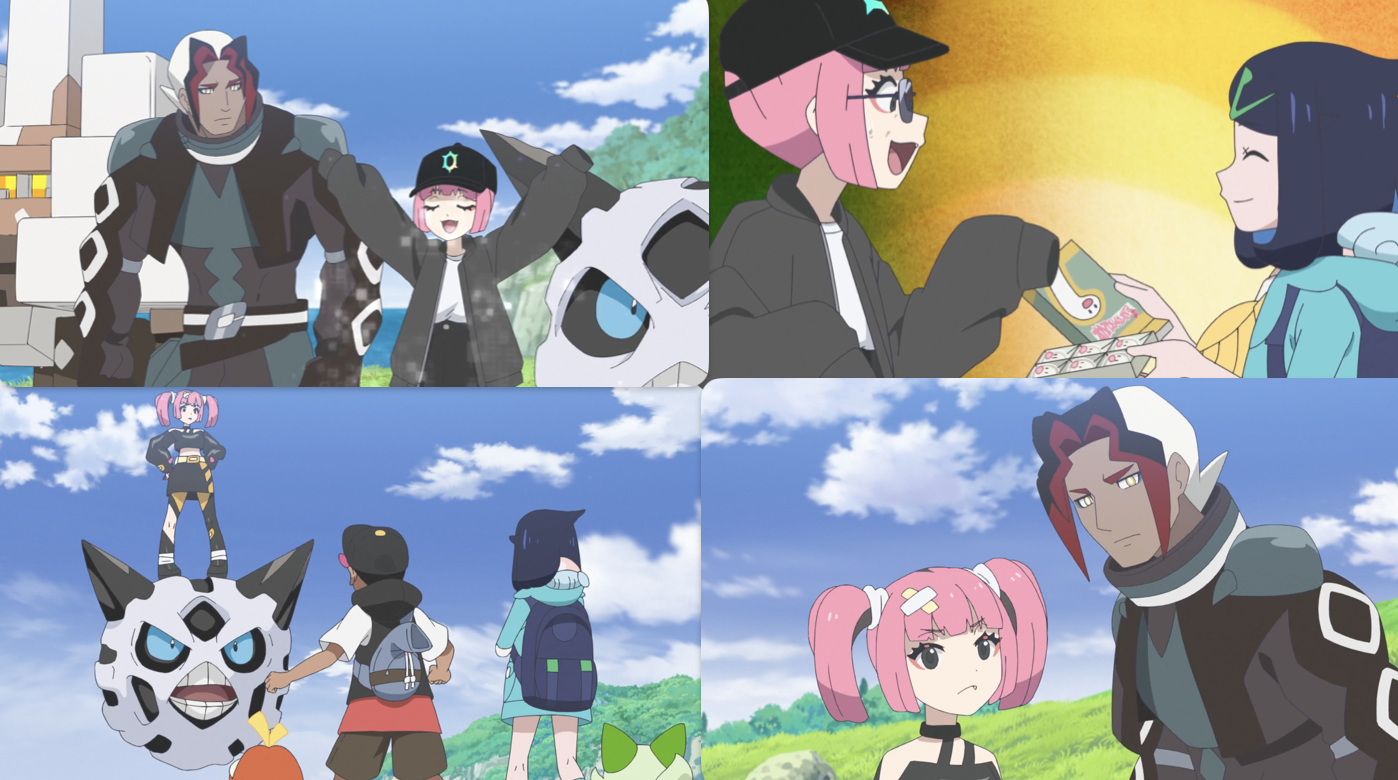 Collage of screenshots from this episode, showing Sidan and Coral out shopping; Coral talking to Liko; Coral challenging Roy and Liko to a battle; and Coral and Sidan conferring