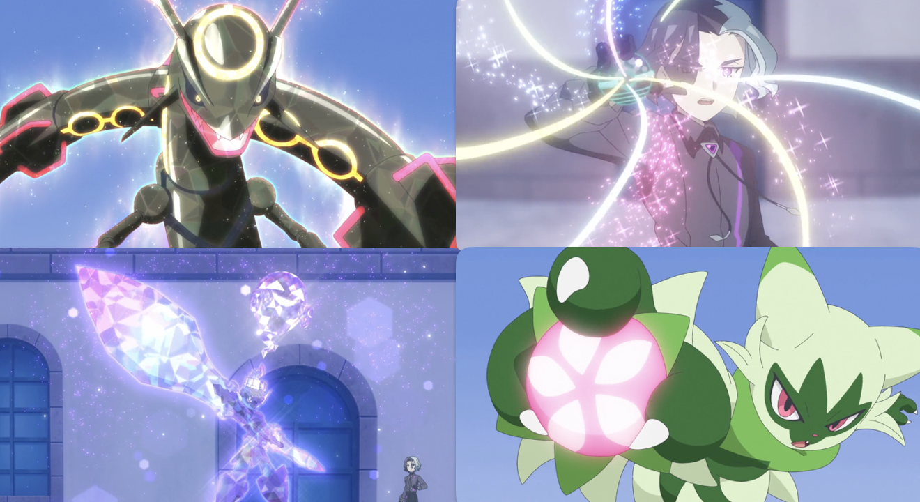 A collage of screenshots from this episode, showing the Black Rayquaza; Amethio using a Tera Orb; Tera Ghost Ceruledge; and Liko's Florgato