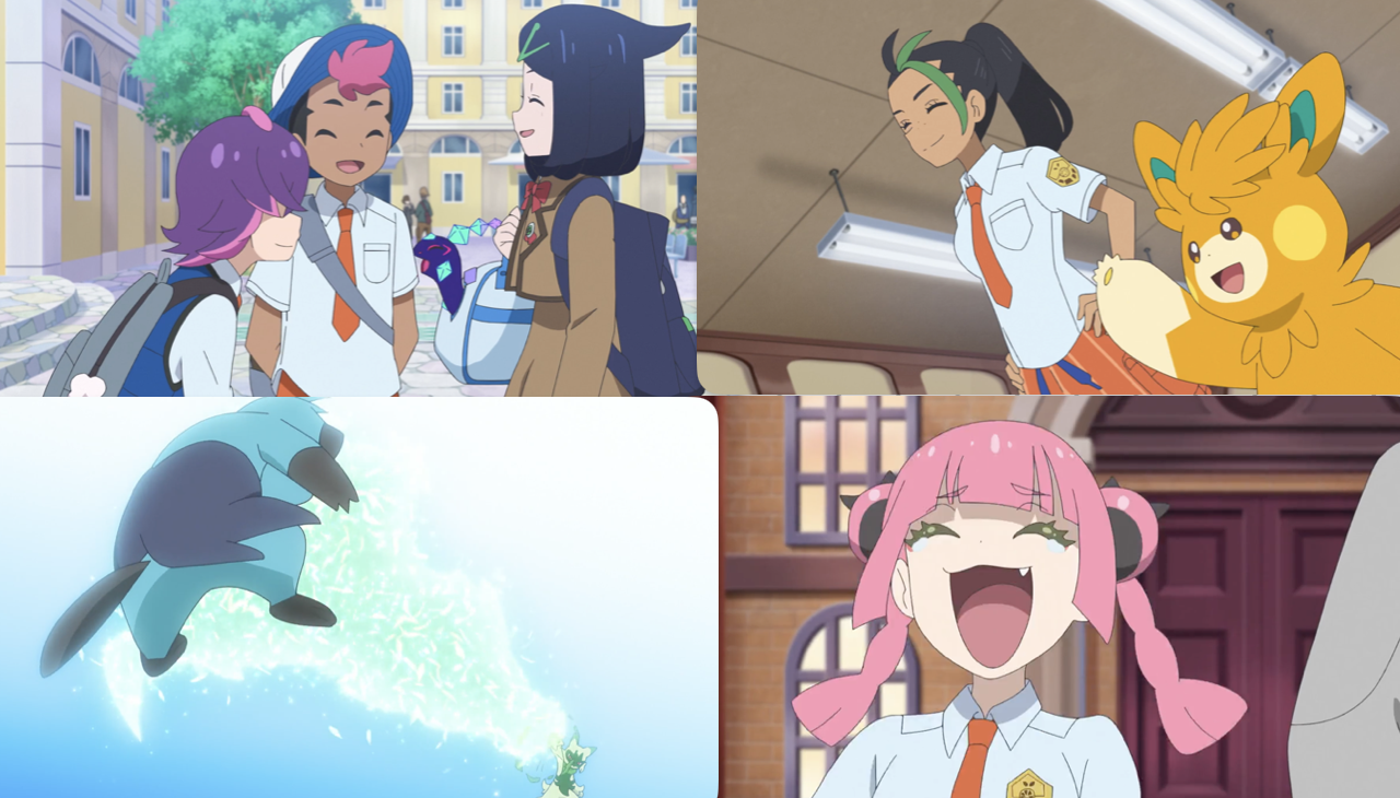 A collage of screenshots from this episode, showing Dot, Roy and Liko in their school uniforms; Nemona with Pawmot; the battle between Dewott and Floagato; and Sandwich.