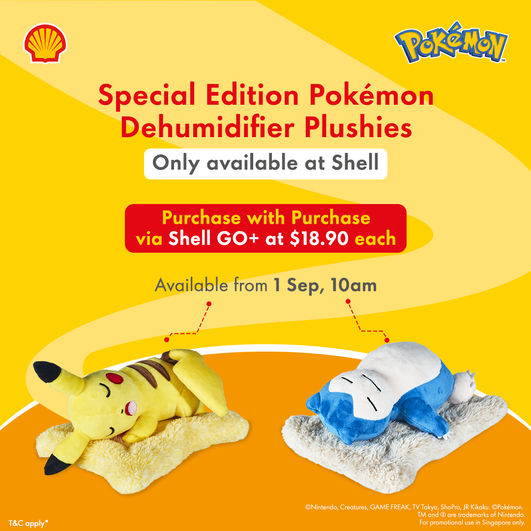 Pikachu and Snorlax Dehumidifier Plushies at Shell Petrol Stations in Singapore