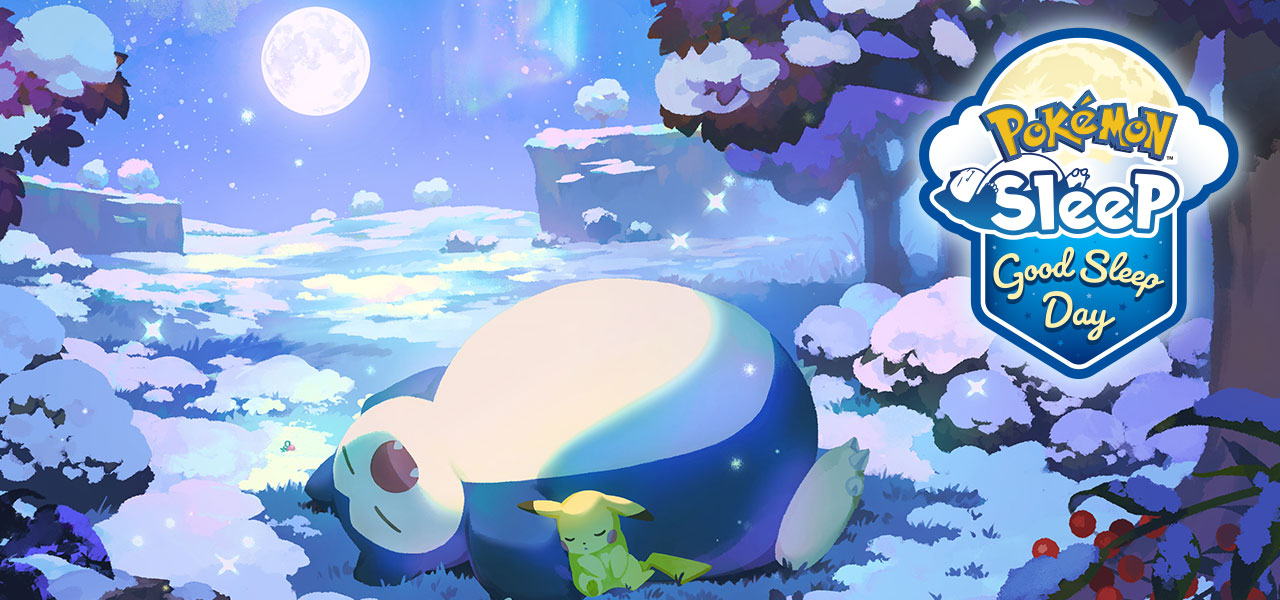 Good Sleep Day Artwork, showing Snorlax and Pikachu sleeping in a snowy landscape