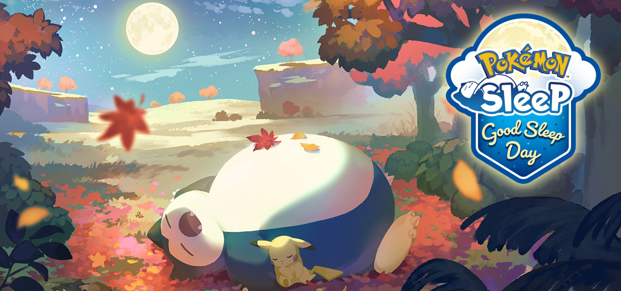 Snorlax sleeping together with Pikachu amongst fallen autumn leaves