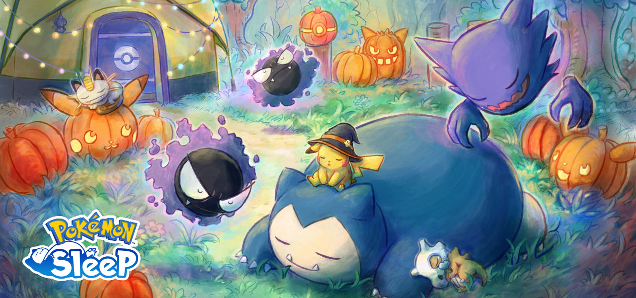 Snorlax sleeping in a field of pumpkins carved into Pokémon shapes, together with a Pikachu wearing a Halloween hat, a Meowth, a Cubobe, two Gastly, and a Haunter