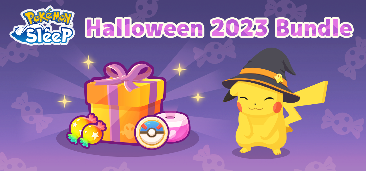 Pikachu in a Halloween Hat, standing alongside a wrapped present with several in-game items.