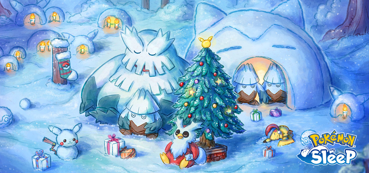 Holiday 2023 Key Art, showing Snover, Abomasnow, Delibird, and Pikachu in a Santa Cap
