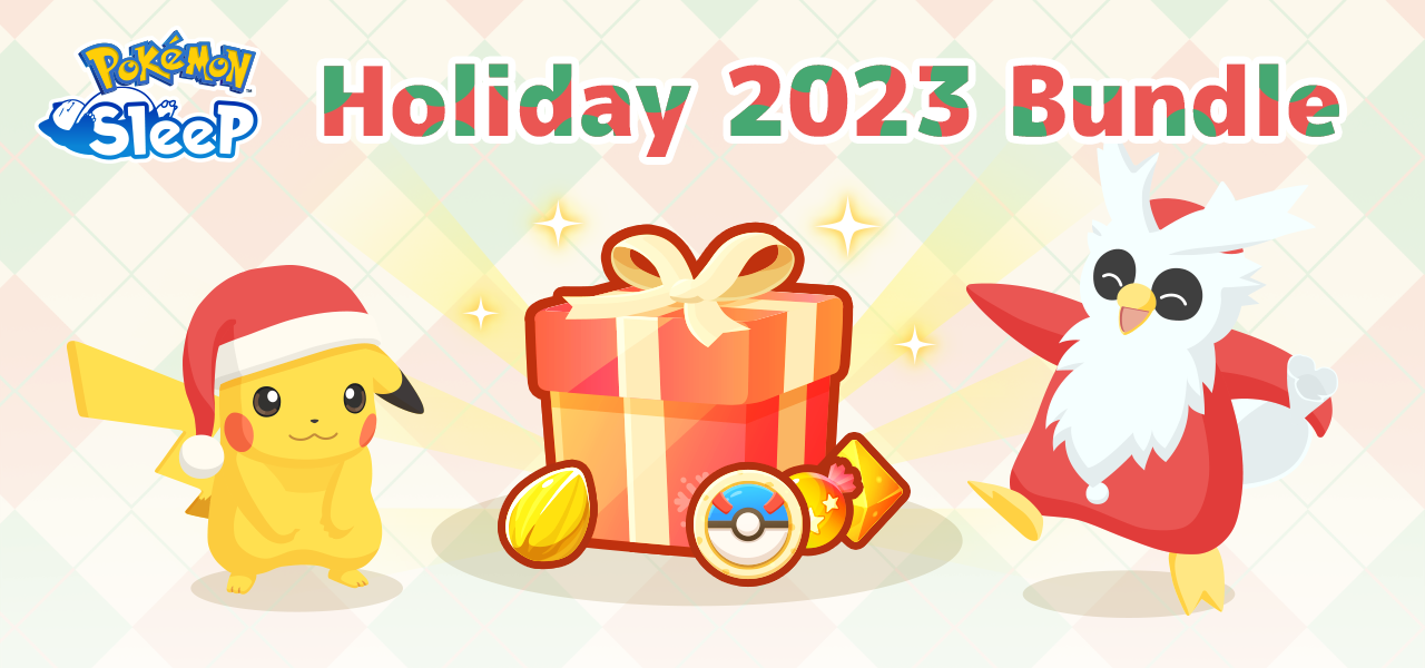 Pikachu in a Santa Hat and Delibird, together with a present of in-game items