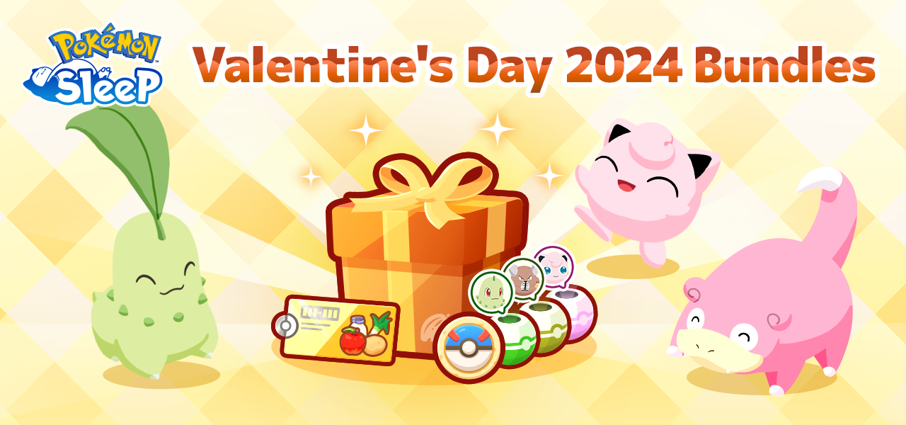 Chikorita, Jigglypuff, and Slowpoke, with the items from a Valentine's Day 2024 Bundle L