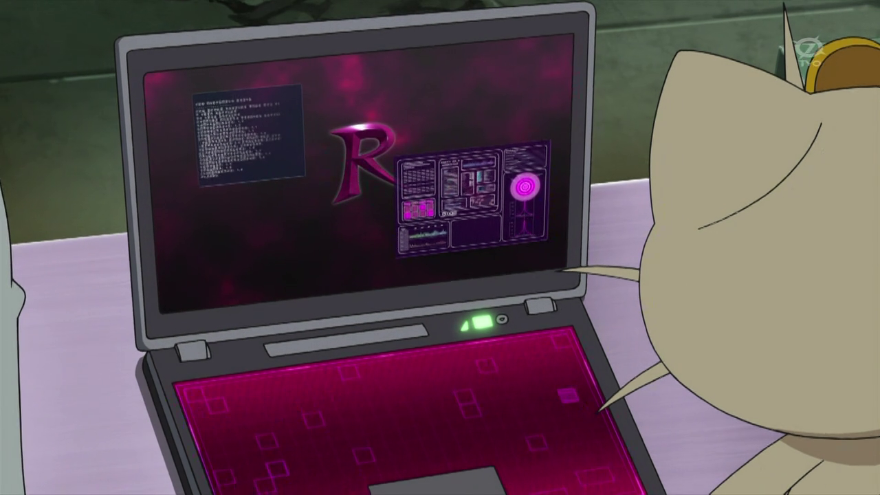 Meowth hatching a nefarious scheme with his laptop