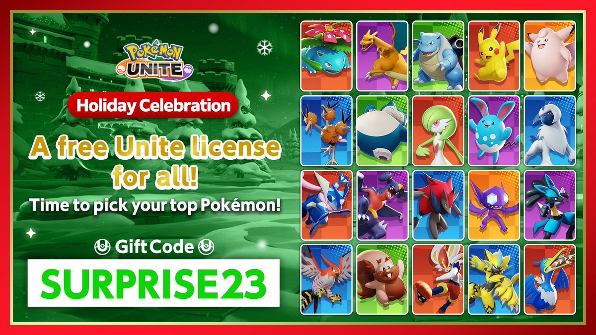 Infographic showing all available Pokémon from the SURPRISE23 redemption
