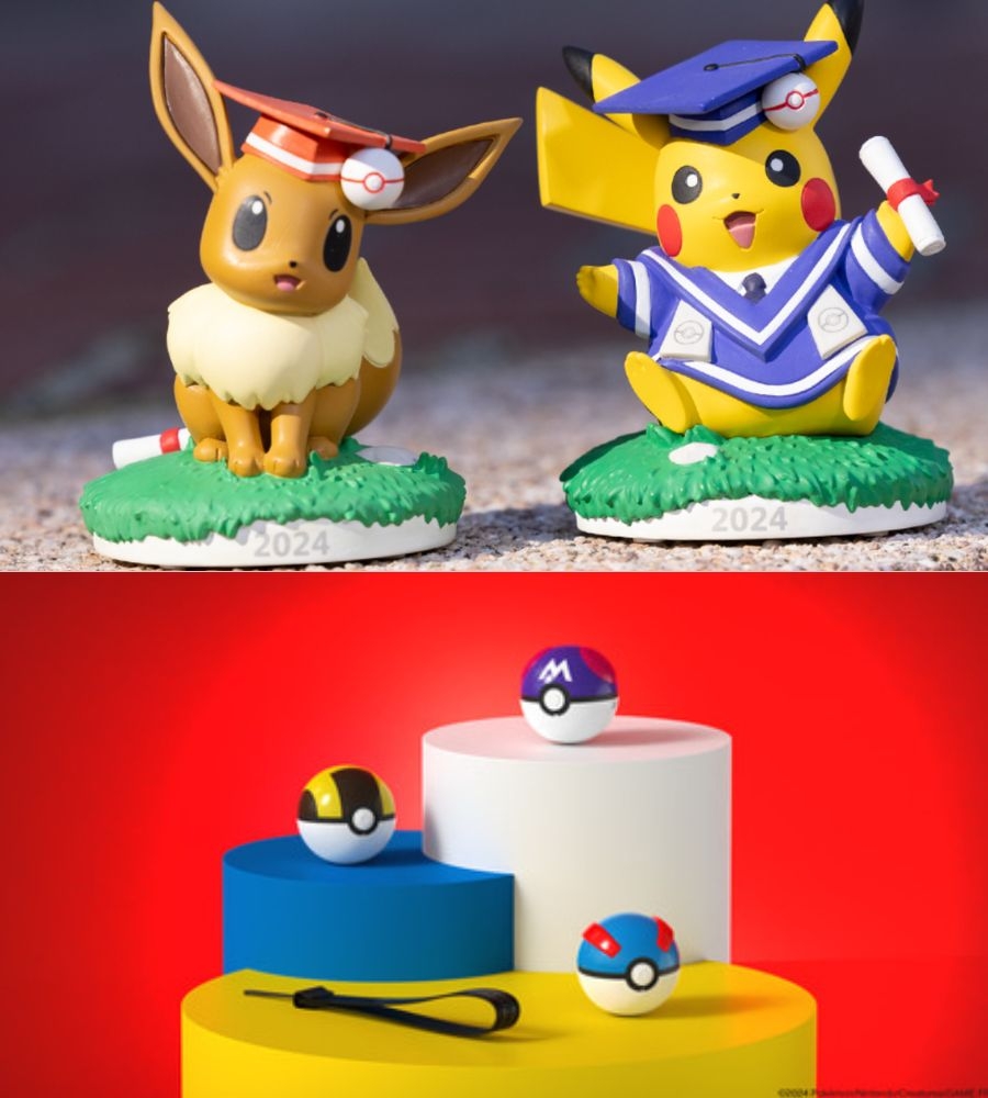 Pikachu and Eevee graduation statuettes, Samsung Poké Ball ear bud cases 