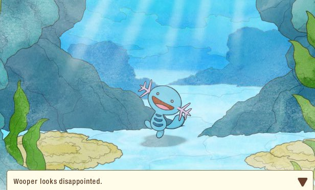 Screenshot from Pokémon Dream World. A Wooper is underwater with a wide smile on its face. A text box below it says, "Wooper looks disappointed."